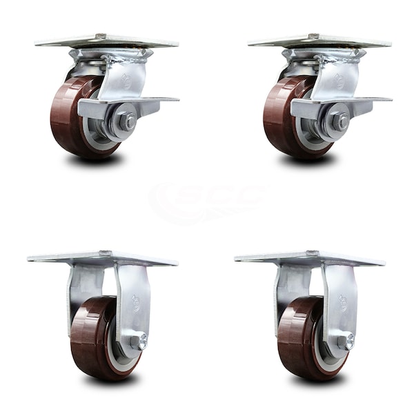 4 Inch Polyurethane Caster Set with Ball Bearing 2 Brakes and 2 Rigid SCC